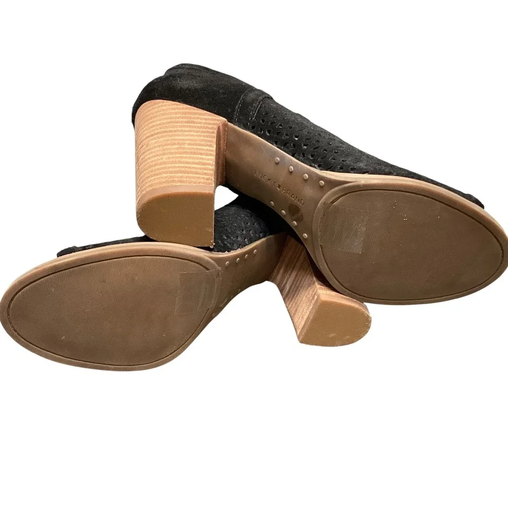 Lucky Brand Livey Black Suede Perforated Open Toe Block Heel Booties 8M Boho EUC